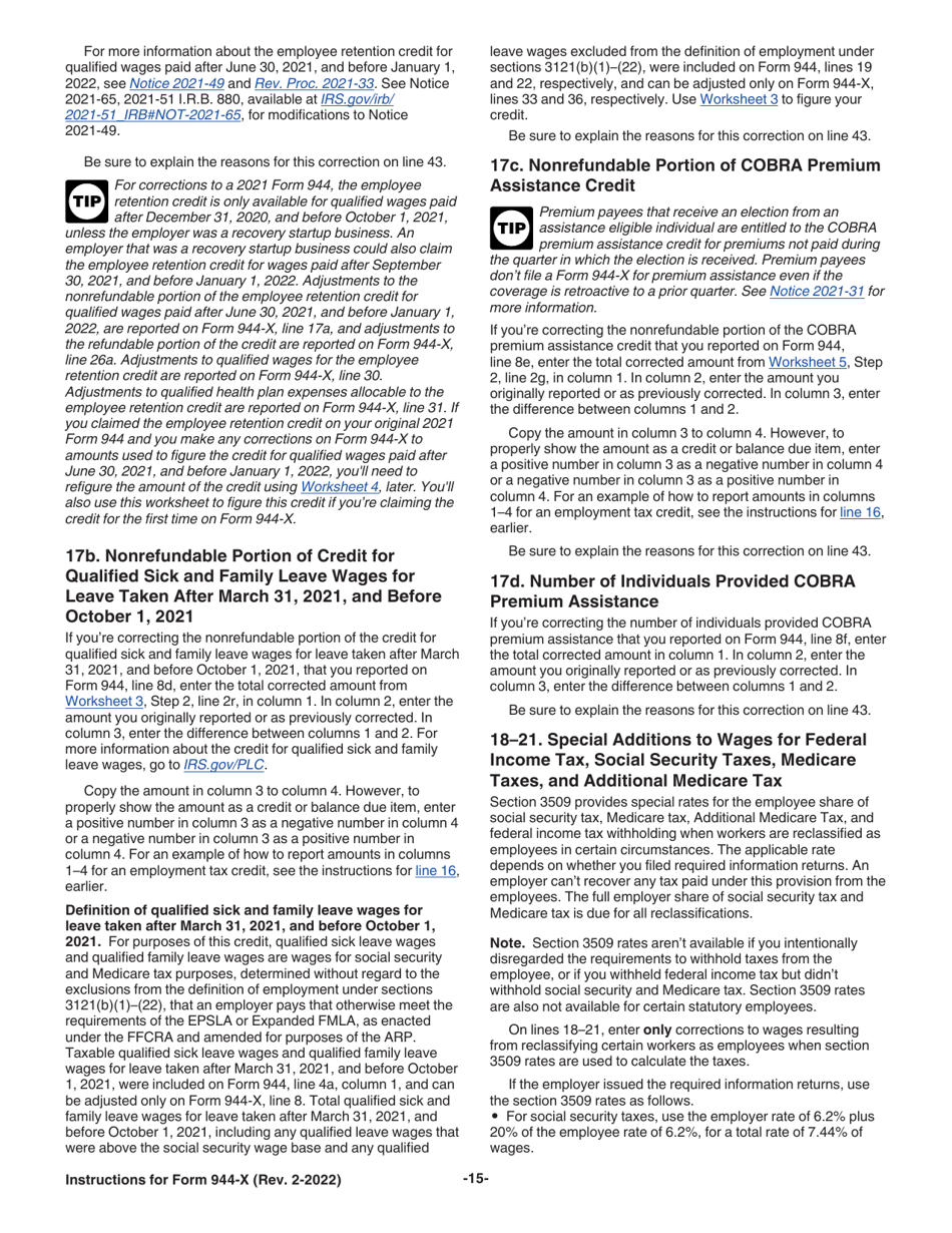 Instructions for IRS Form 944-X Adjusted Employers Annual Federal Tax Return or Claim for Refund, Page 15