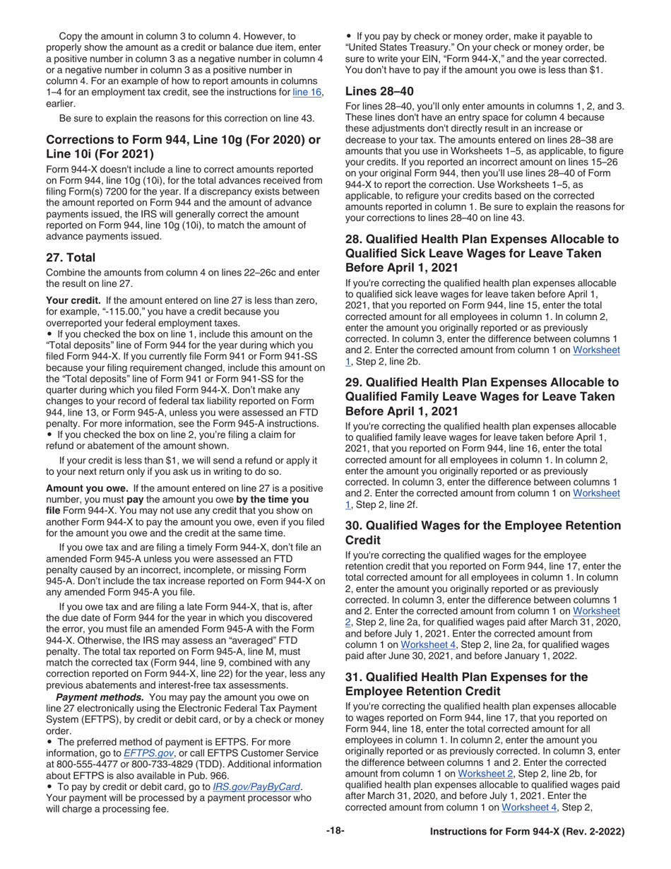 Instructions for IRS Form 944-X Adjusted Employers Annual Federal Tax Return or Claim for Refund, Page 18