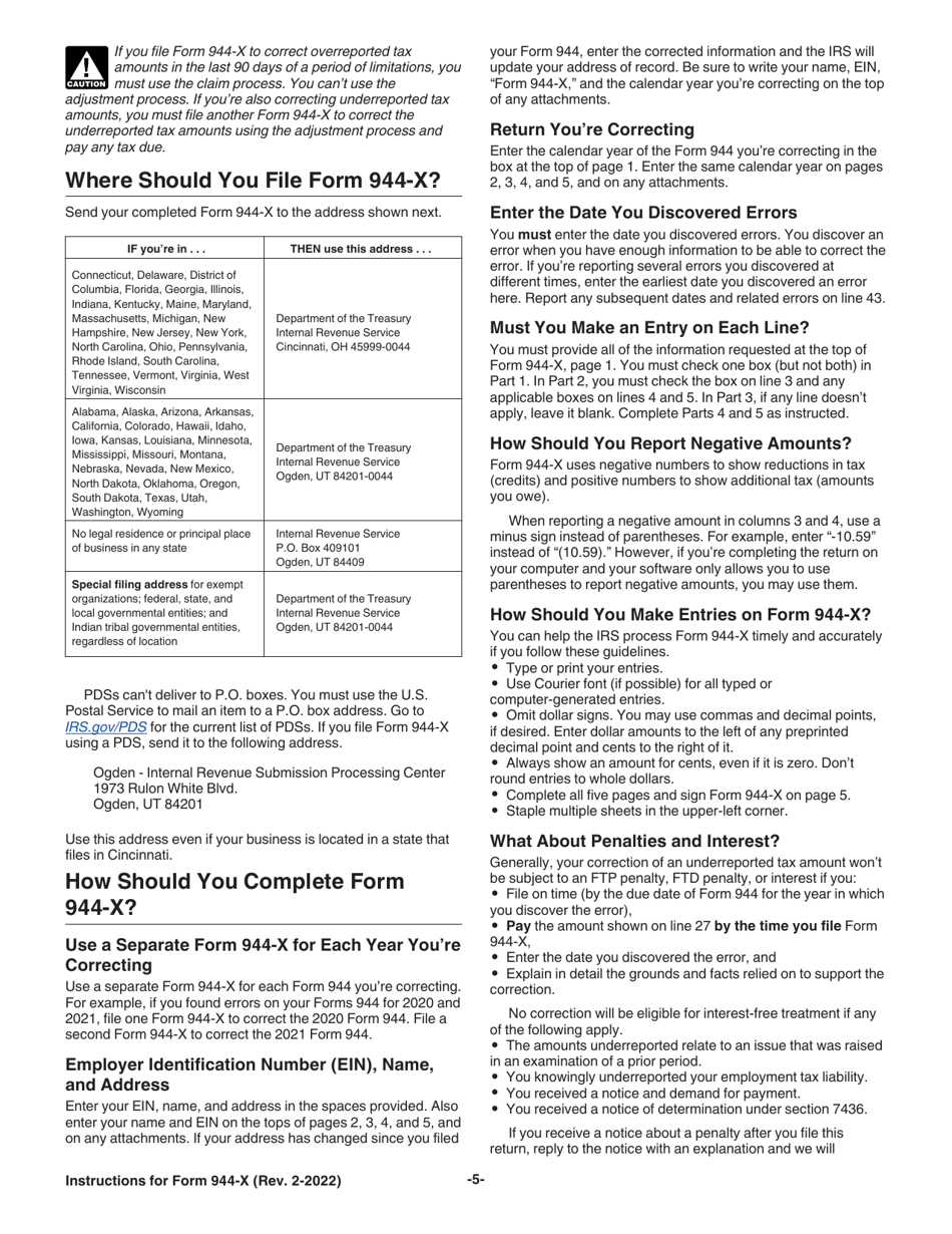 Instructions for IRS Form 944-X Adjusted Employers Annual Federal Tax Return or Claim for Refund, Page 5