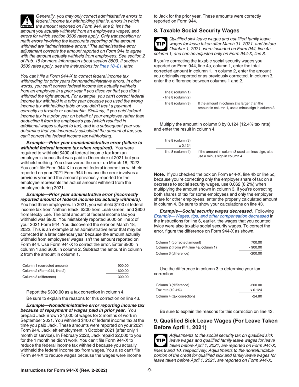 Instructions for IRS Form 944-X Adjusted Employers Annual Federal Tax Return or Claim for Refund, Page 9
