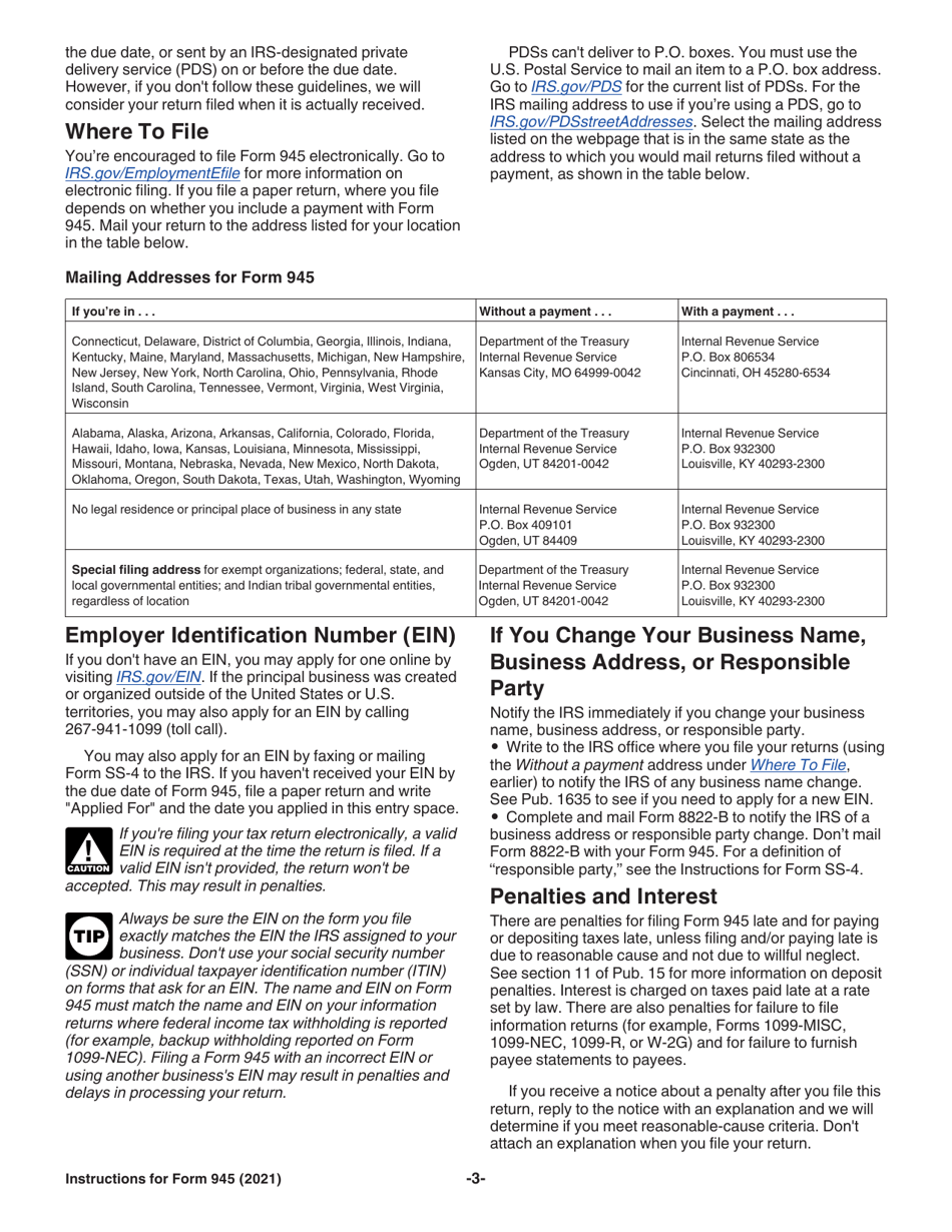 Download Instructions for IRS Form 945 Annual Return of Withheld