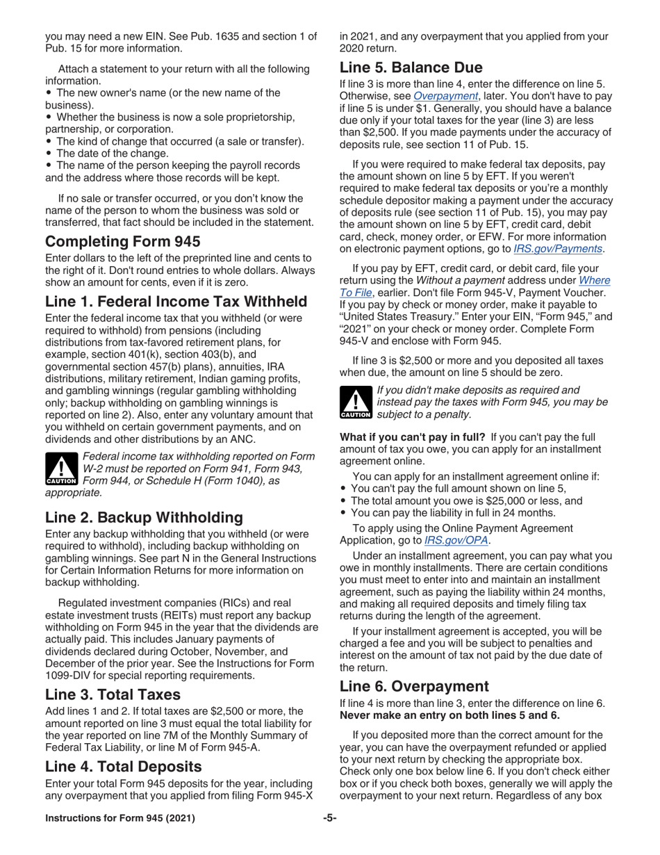 Instructions for IRS Form 945 Annual Return of Withheld Federal Income Tax, Page 5