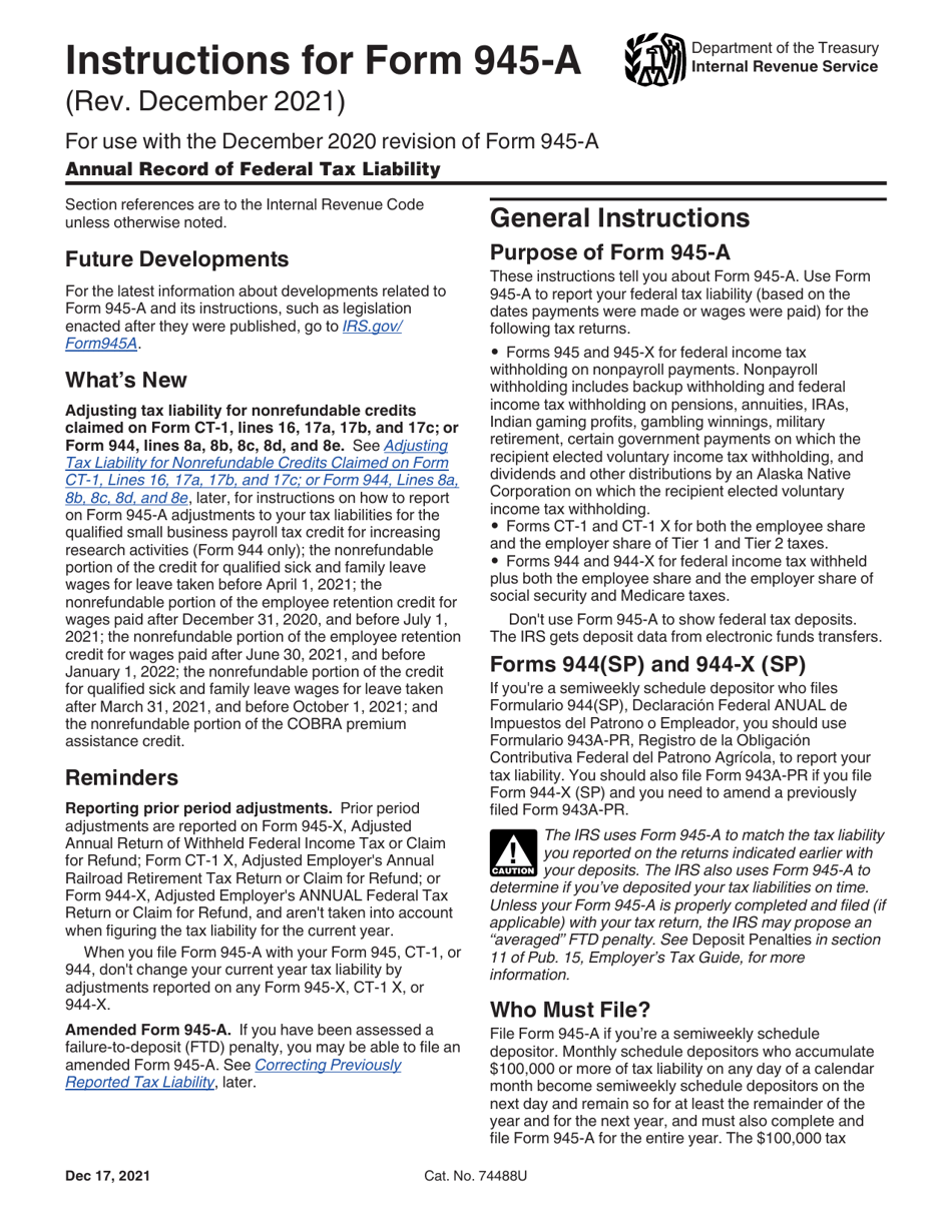 Instructions for IRS Form 945-A Annual Record of Federal Tax Liability, Page 1