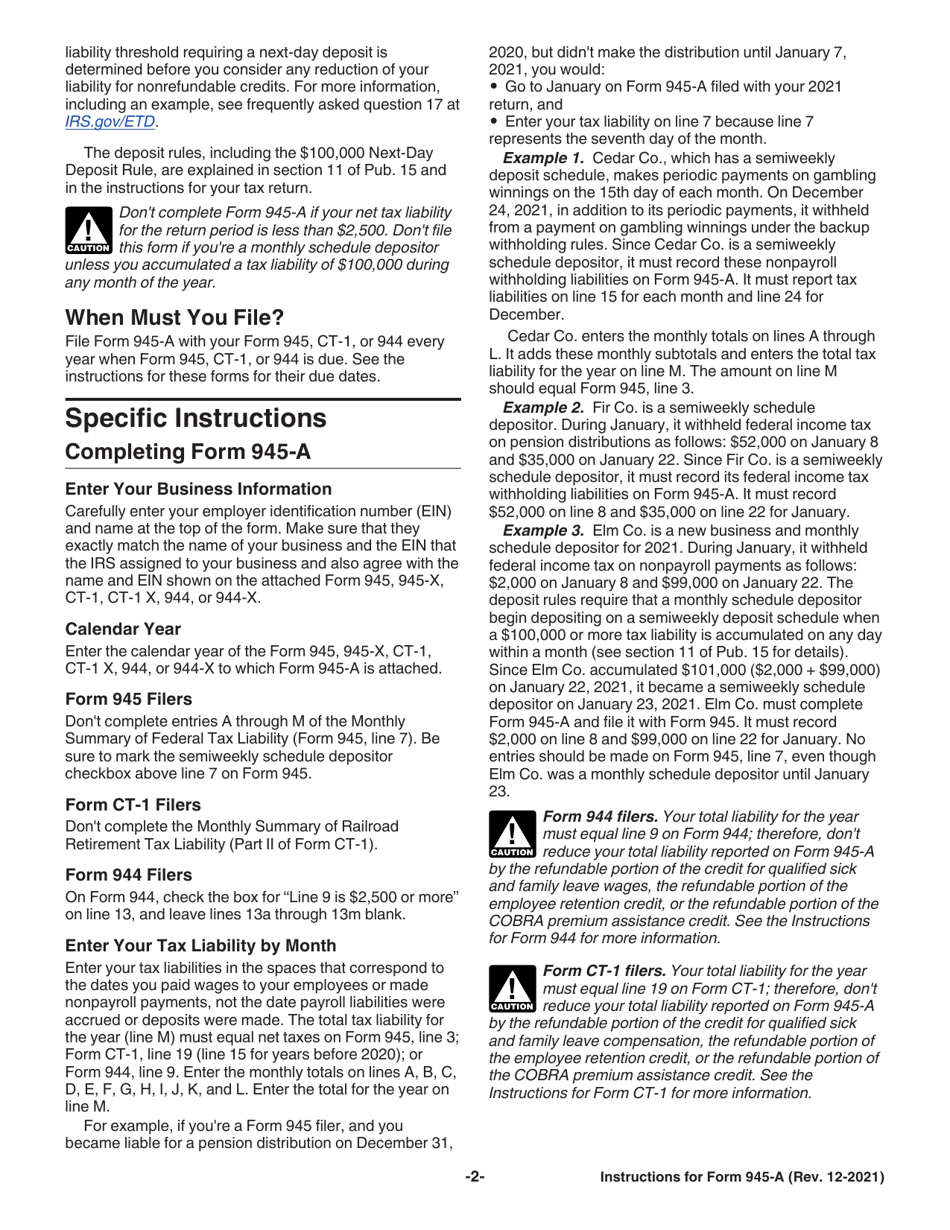 Instructions for IRS Form 945-A Annual Record of Federal Tax Liability, Page 2