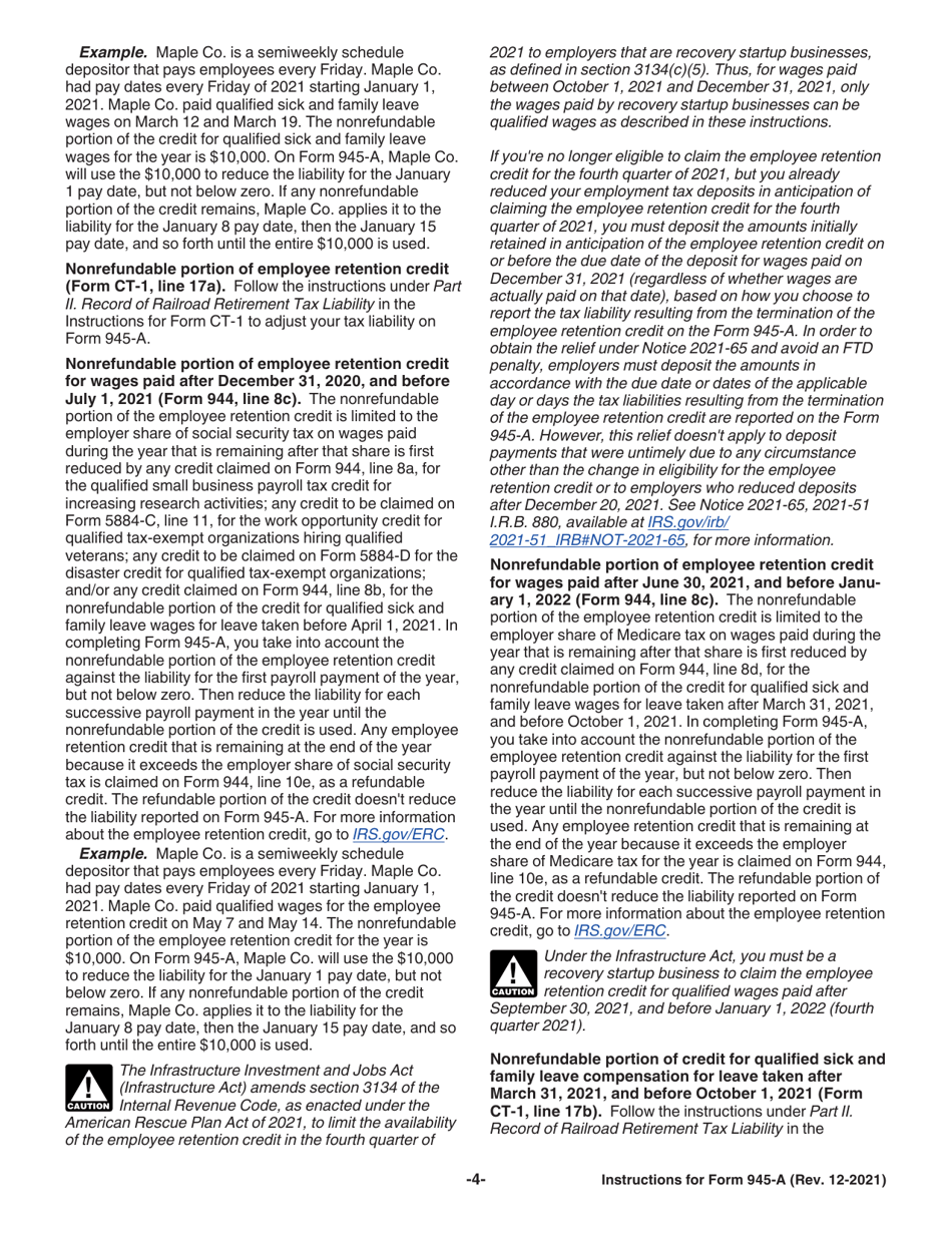 Instructions for IRS Form 945-A Annual Record of Federal Tax Liability, Page 4