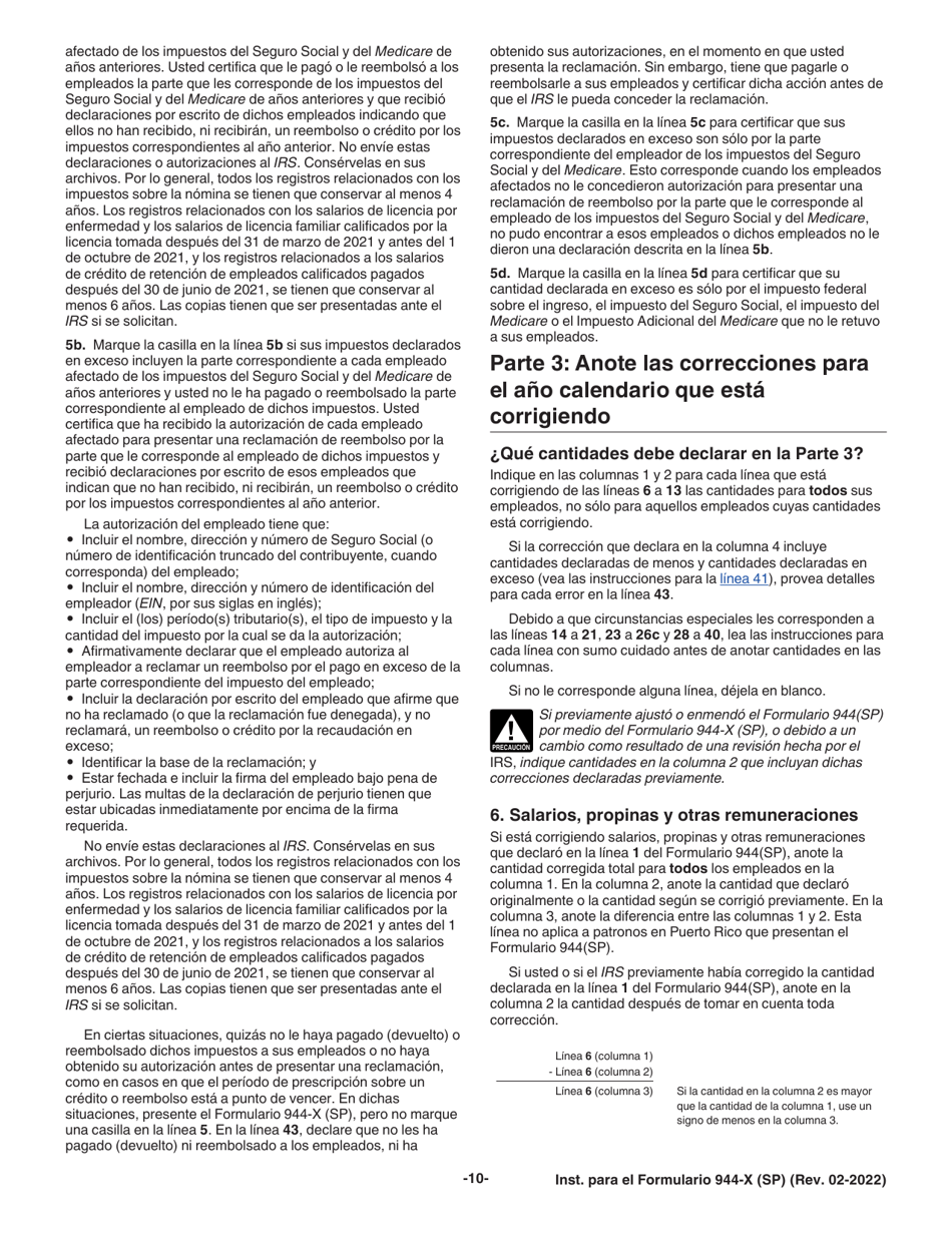 Instrucciones para IRS Formulario 944-X (SP) Ajuste a La Declaracion Federal Anual Del Empleador O Reclamacion De Reembolso (Spanish), Page 10