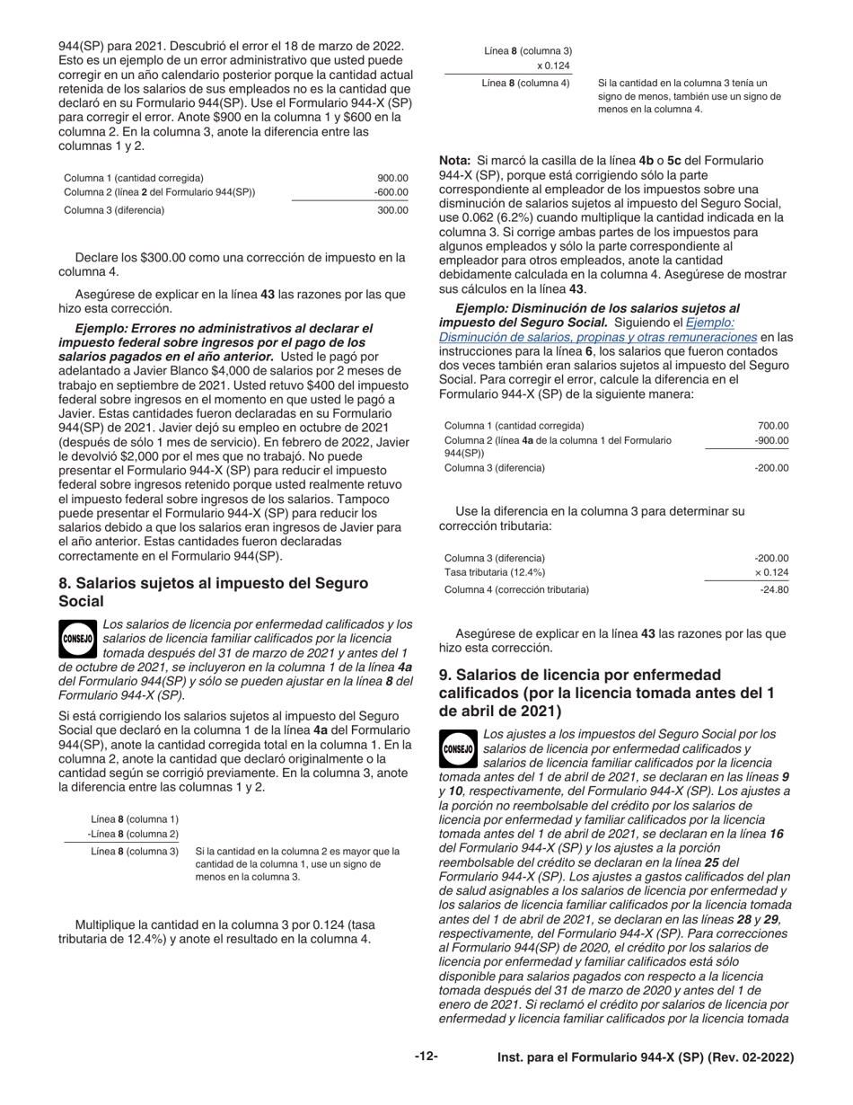 Instrucciones para IRS Formulario 944-X (SP) Ajuste a La Declaracion Federal Anual Del Empleador O Reclamacion De Reembolso (Spanish), Page 12