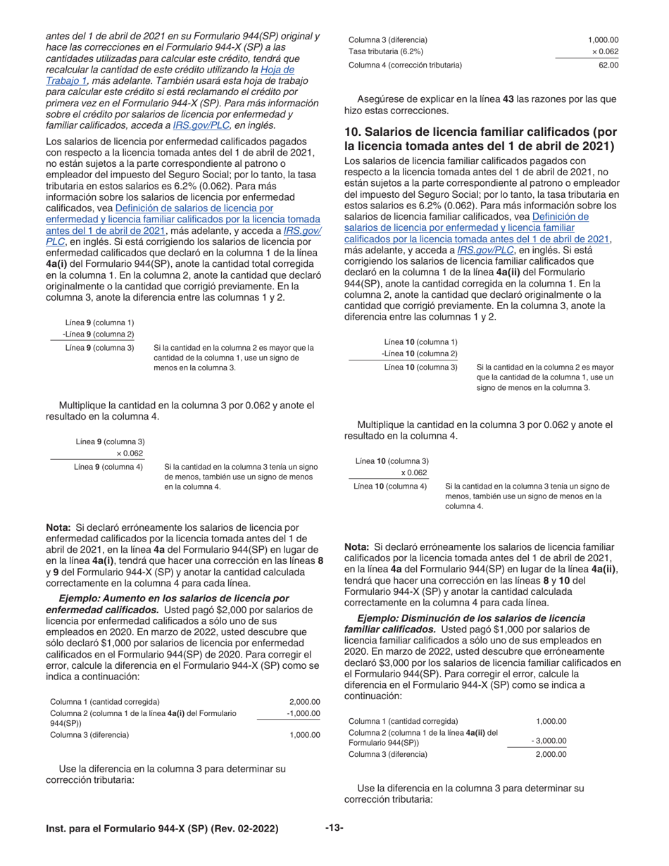 Instrucciones para IRS Formulario 944-X (SP) Ajuste a La Declaracion Federal Anual Del Empleador O Reclamacion De Reembolso (Spanish), Page 13