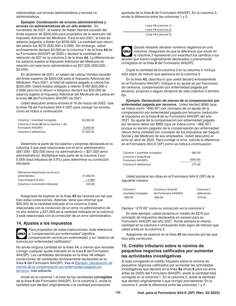 Instrucciones para IRS Formulario 944-X (SP) Ajuste a La Declaracion Federal Anual Del Empleador O Reclamacion De Reembolso (Spanish), Page 16