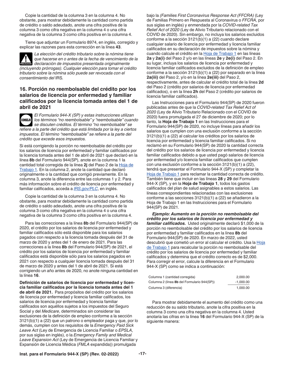 Instrucciones para IRS Formulario 944-X (SP) Ajuste a La Declaracion Federal Anual Del Empleador O Reclamacion De Reembolso (Spanish), Page 17