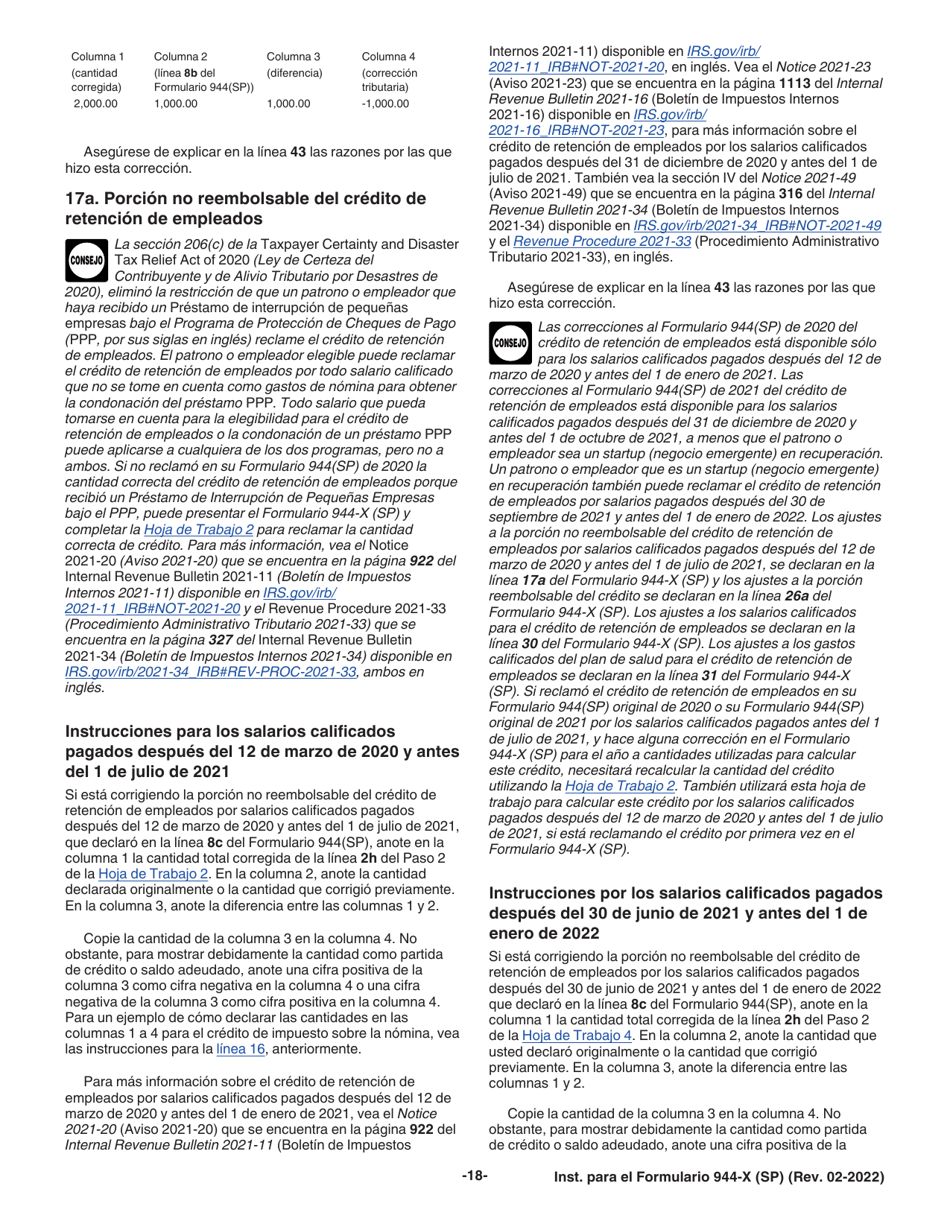 Instrucciones para IRS Formulario 944-X (SP) Ajuste a La Declaracion Federal Anual Del Empleador O Reclamacion De Reembolso (Spanish), Page 18