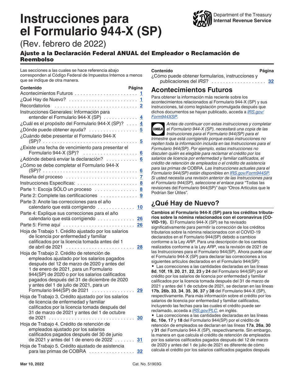 Instrucciones para IRS Formulario 944-X (SP) Ajuste a La Declaracion Federal Anual Del Empleador O Reclamacion De Reembolso (Spanish), Page 1