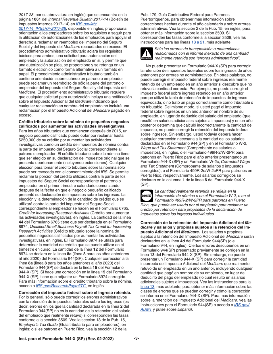 Instrucciones para IRS Formulario 944-X (SP) Ajuste a La Declaracion Federal Anual Del Empleador O Reclamacion De Reembolso (Spanish), Page 3