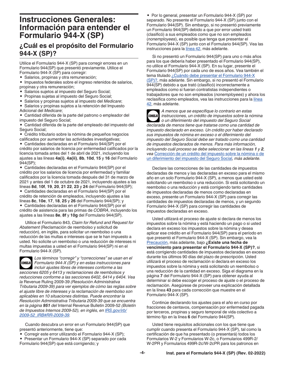 Instrucciones para IRS Formulario 944-X (SP) Ajuste a La Declaracion Federal Anual Del Empleador O Reclamacion De Reembolso (Spanish), Page 4