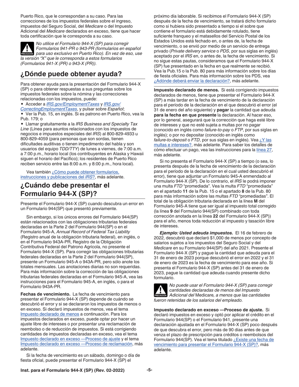 Instrucciones para IRS Formulario 944-X (SP) Ajuste a La Declaracion Federal Anual Del Empleador O Reclamacion De Reembolso (Spanish), Page 5