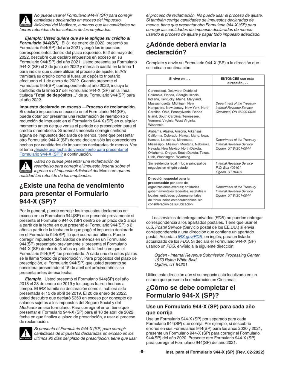 Instrucciones para IRS Formulario 944-X (SP) Ajuste a La Declaracion Federal Anual Del Empleador O Reclamacion De Reembolso (Spanish), Page 6