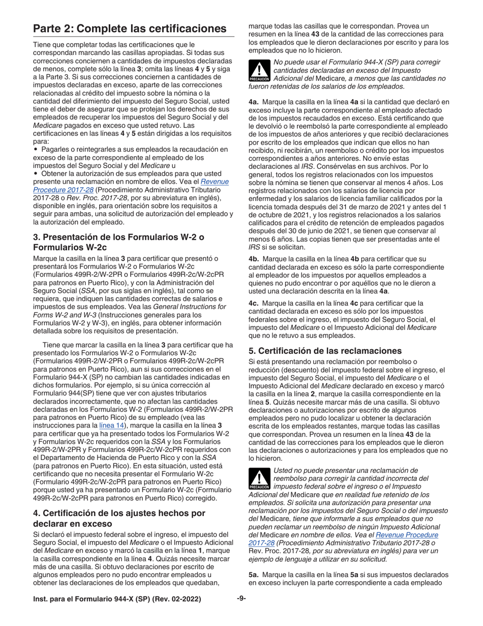 Instrucciones para IRS Formulario 944-X (SP) Ajuste a La Declaracion Federal Anual Del Empleador O Reclamacion De Reembolso (Spanish), Page 9
