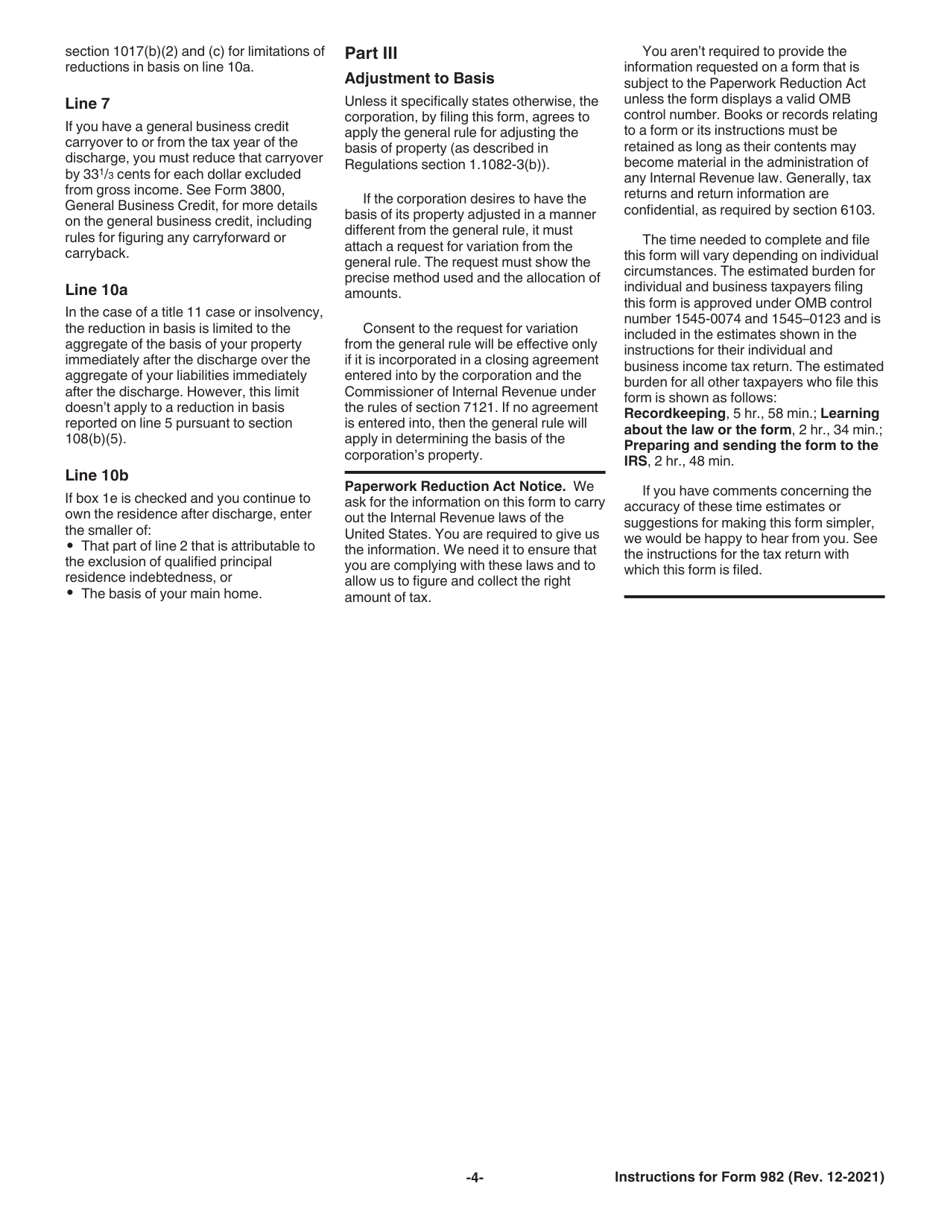 Instructions for IRS Form 982 Reduction of Tax Attributes Due to Discharge of Indebtedness (And Section 1082 Basis Adjustment), Page 4