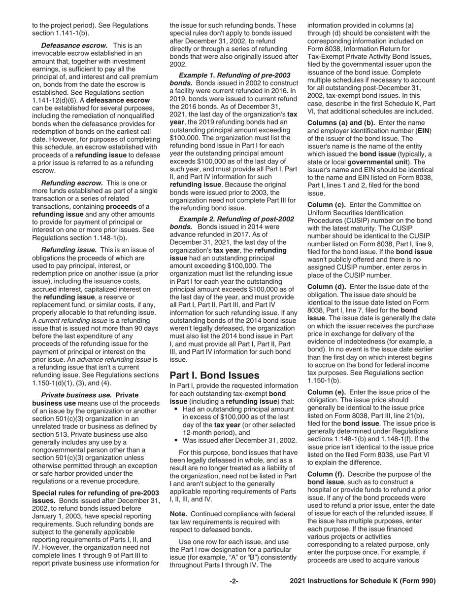 Instructions for IRS Form 990 Schedule K Supplemental Information on Tax-Exempt Bonds, Page 2