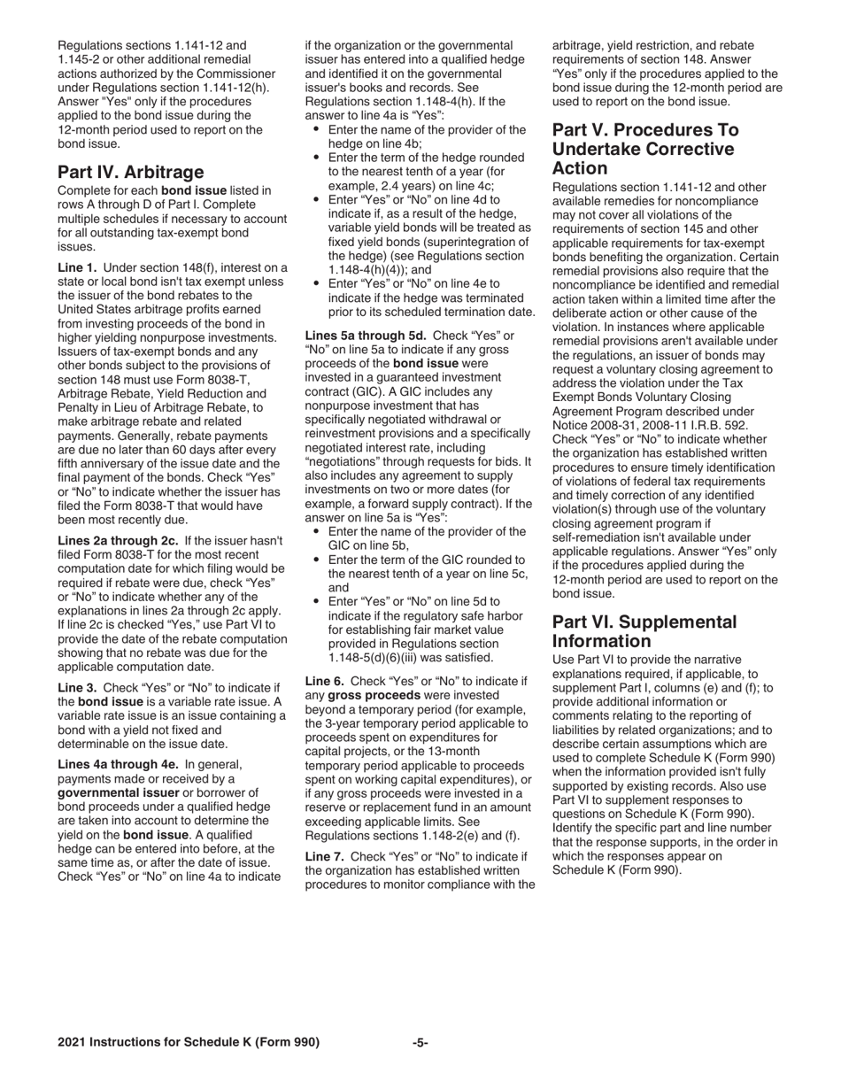 Instructions for IRS Form 990 Schedule K Supplemental Information on Tax-Exempt Bonds, Page 5