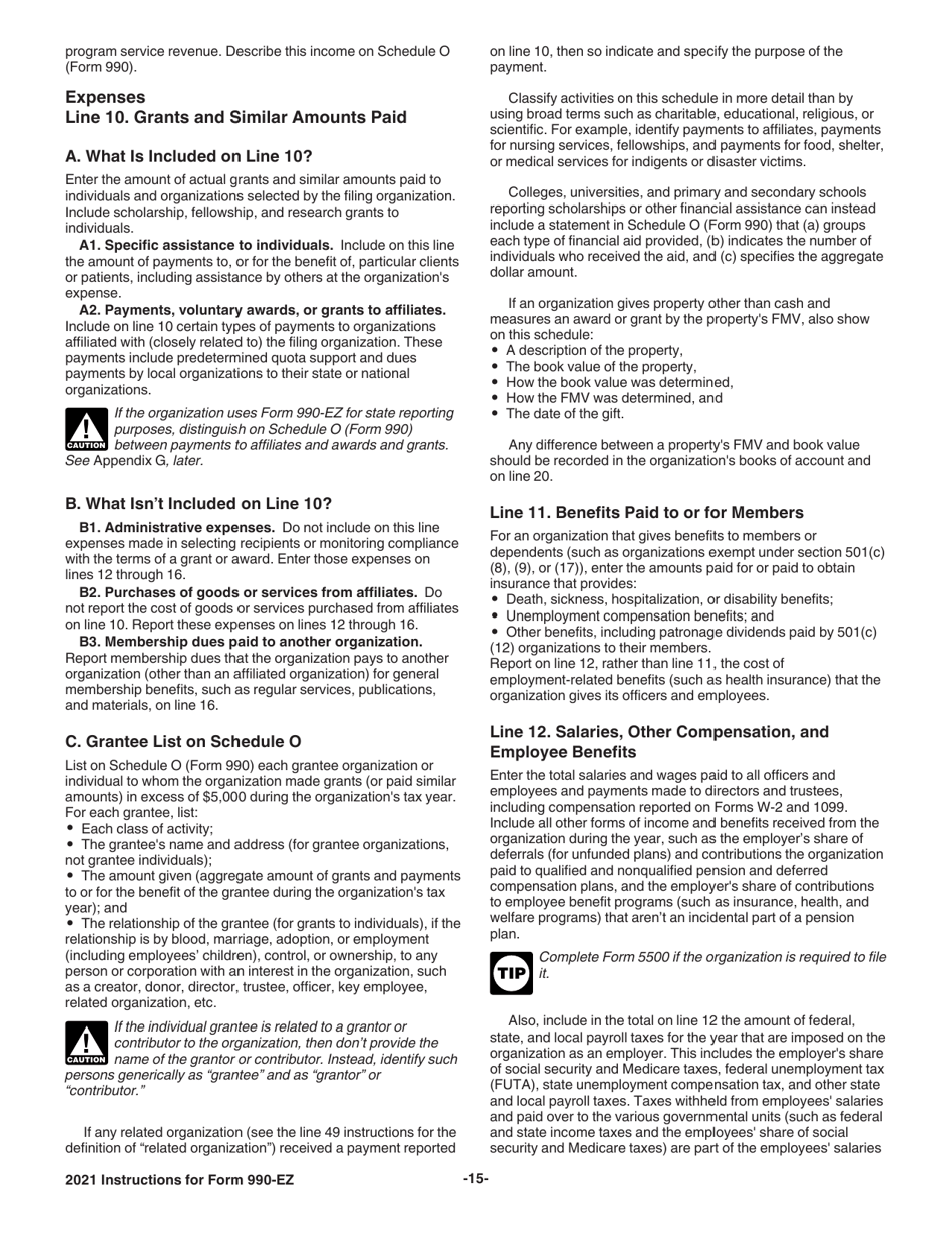 Instructions for IRS Form 990-EZ Short Form Return of Organization Exempt From Income Tax, Page 15