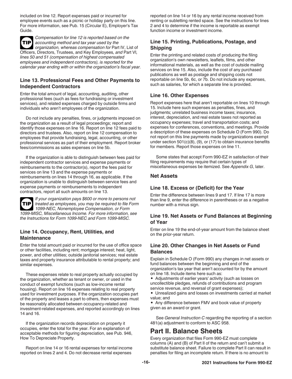 Instructions for IRS Form 990-EZ Short Form Return of Organization Exempt From Income Tax, Page 16