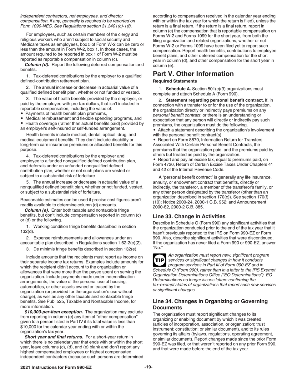 Instructions for IRS Form 990-EZ Short Form Return of Organization Exempt From Income Tax, Page 19