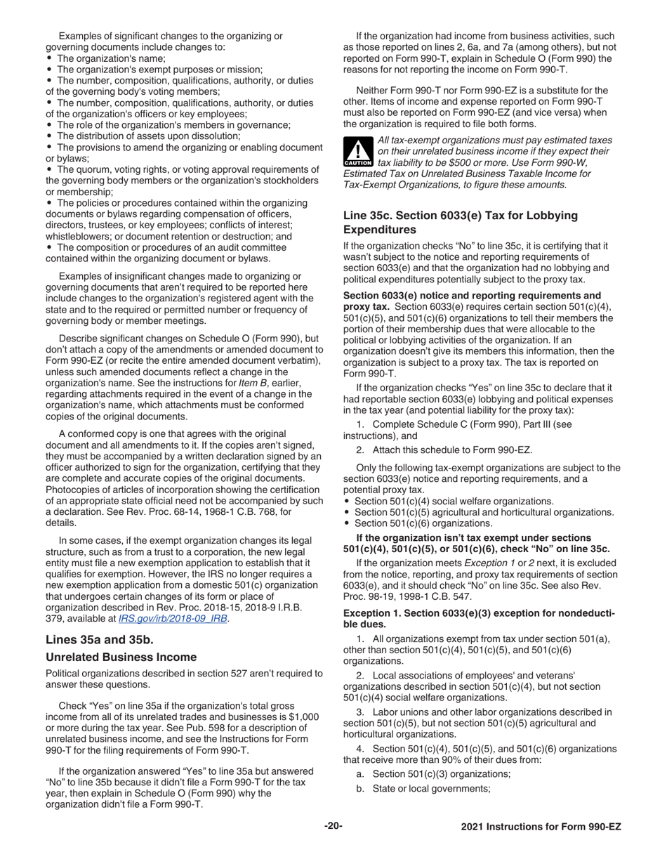 Instructions for IRS Form 990-EZ Short Form Return of Organization Exempt From Income Tax, Page 20