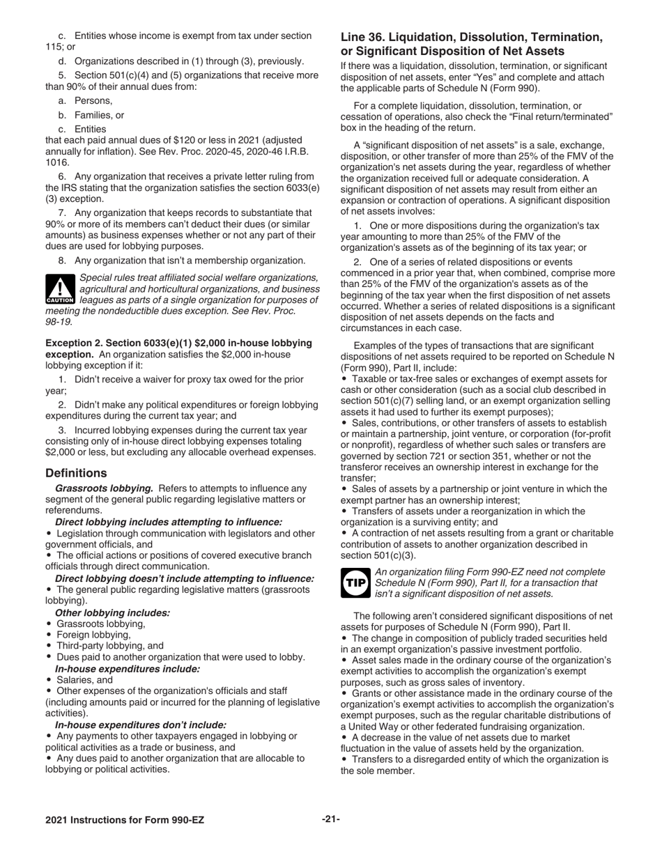 Instructions for IRS Form 990-EZ Short Form Return of Organization Exempt From Income Tax, Page 21