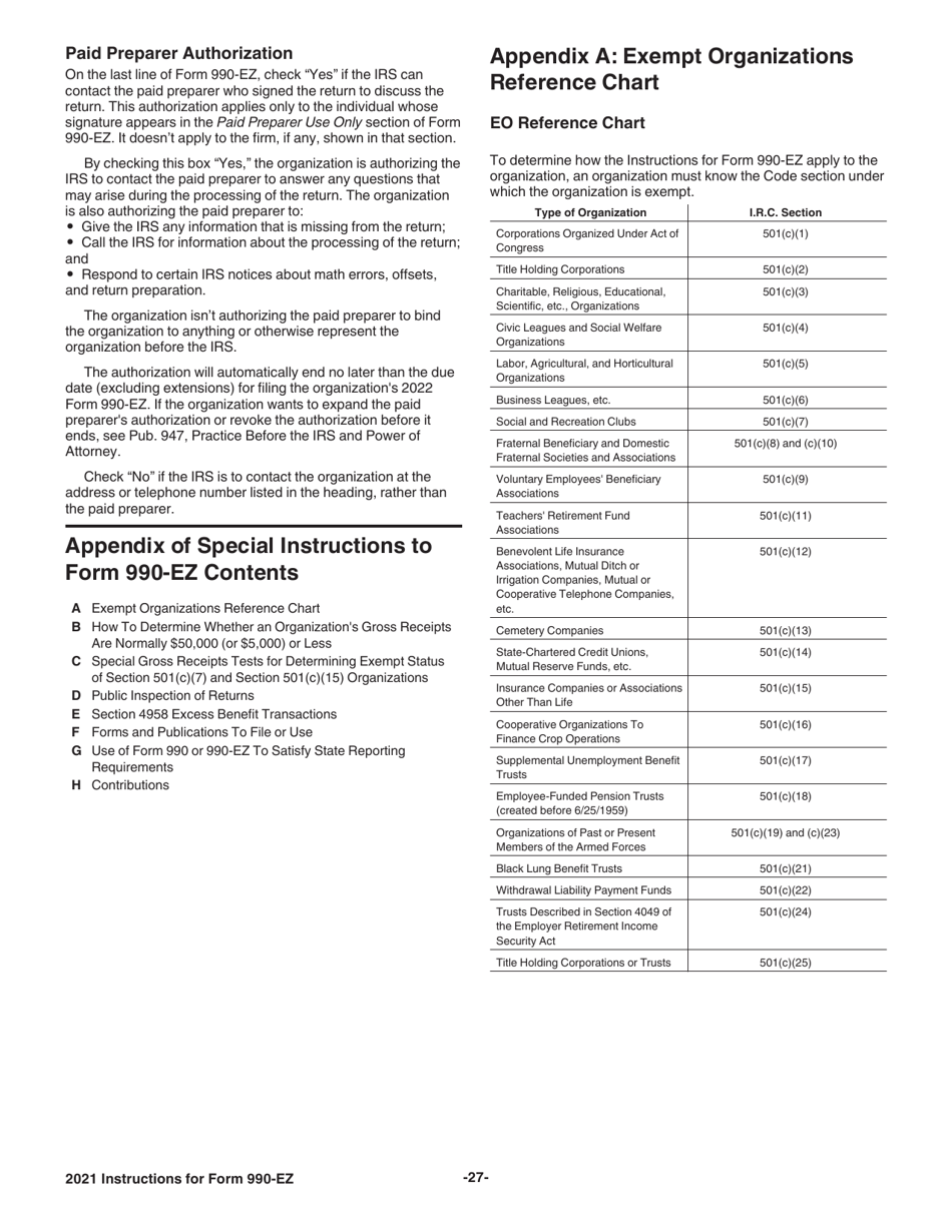 Instructions for IRS Form 990-EZ Short Form Return of Organization Exempt From Income Tax, Page 27