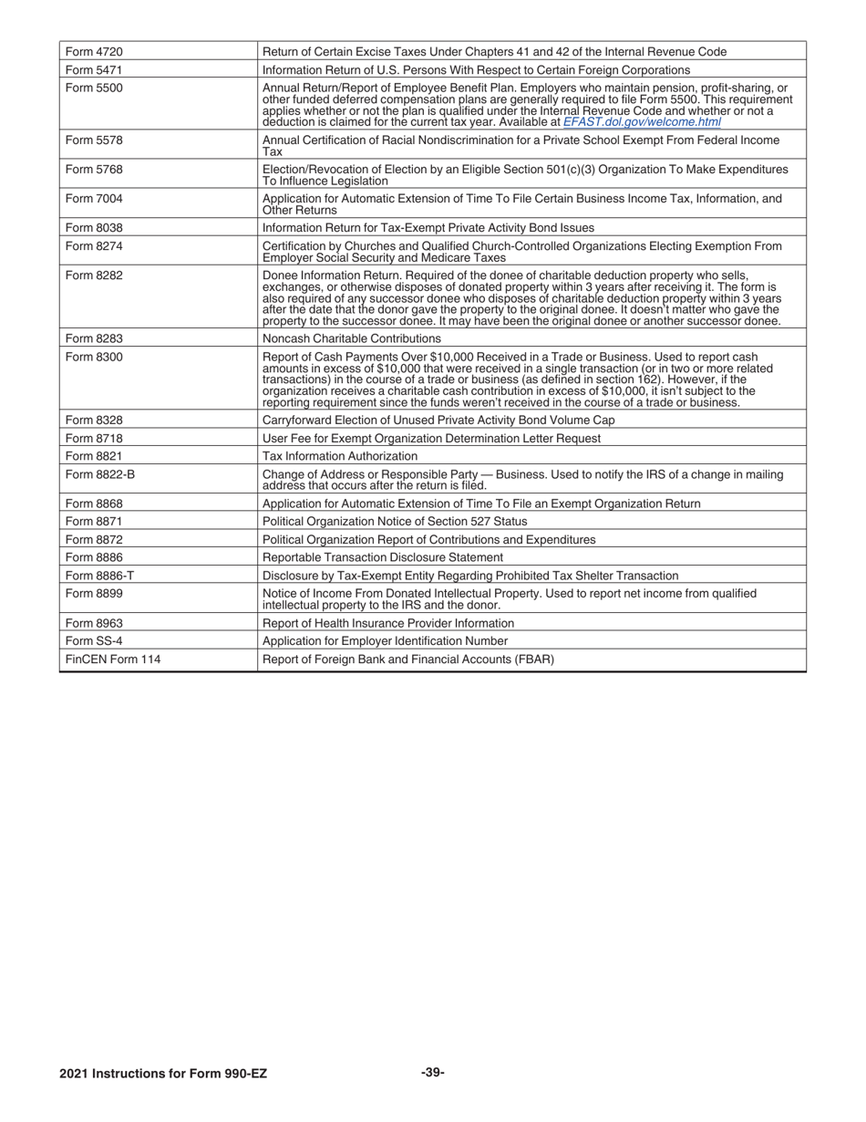 Instructions for IRS Form 990-EZ Short Form Return of Organization Exempt From Income Tax, Page 39