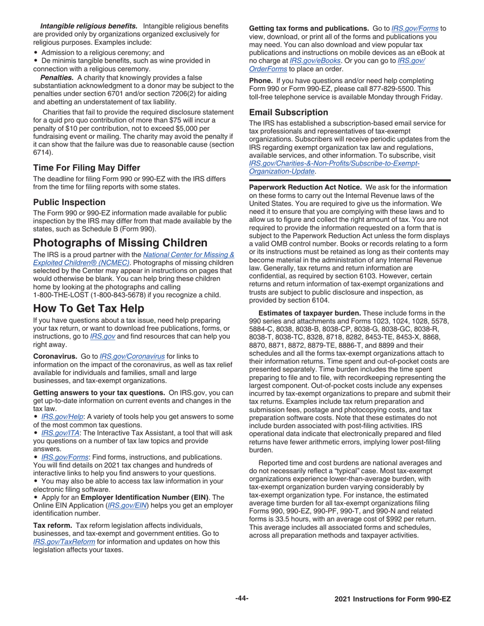 Instructions for IRS Form 990-EZ Short Form Return of Organization Exempt From Income Tax, Page 44