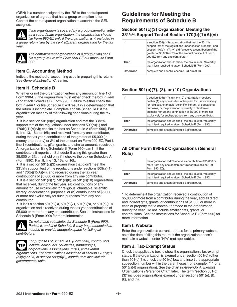 Instructions for IRS Form 990-EZ Short Form Return of Organization Exempt From Income Tax, Page 9