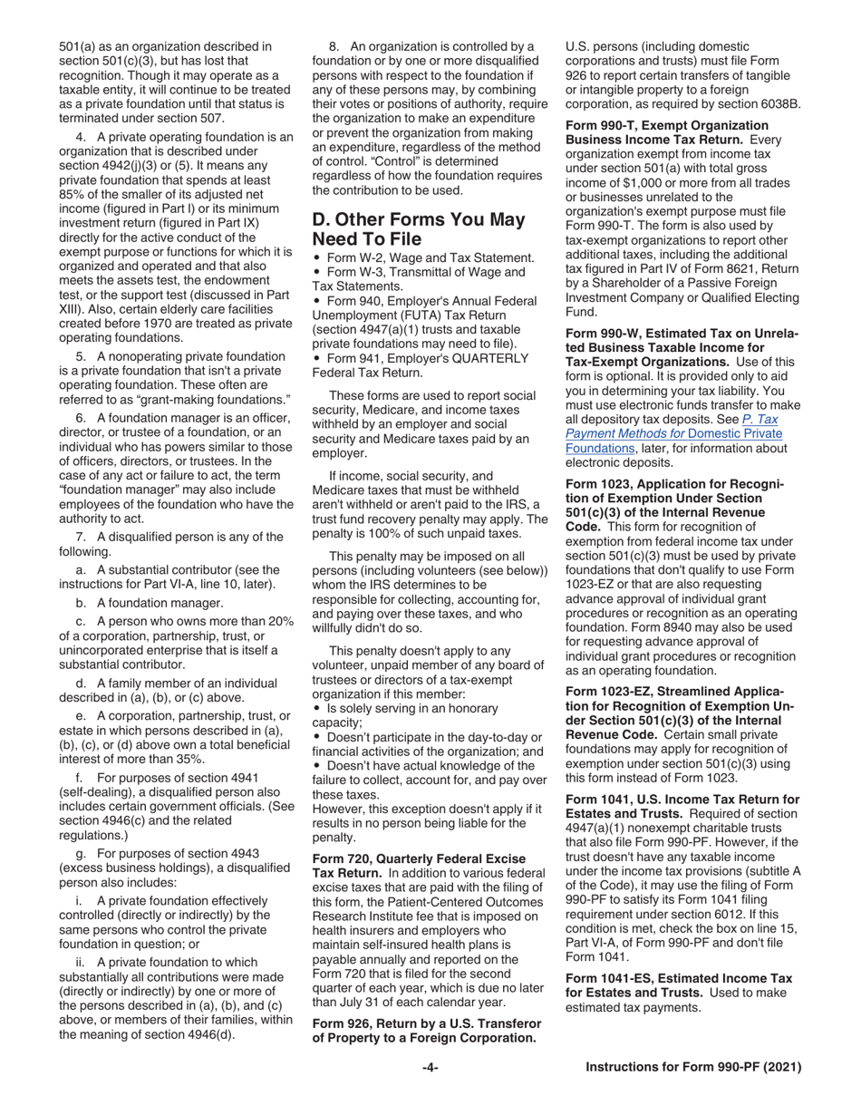 Instructions for IRS Form 990-PF Return of Private Foundation or Section 4947(A)(1) Nonexempt Charitable Trust Treated as a Private Foundation, Page 4