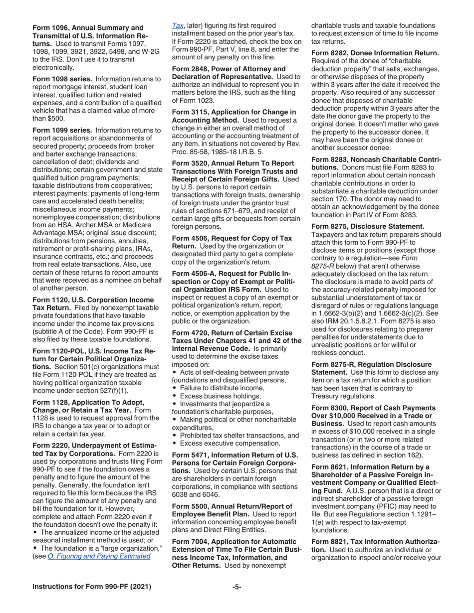 Instructions for IRS Form 990-PF Return of Private Foundation or Section 4947(A)(1) Nonexempt Charitable Trust Treated as a Private Foundation, Page 5