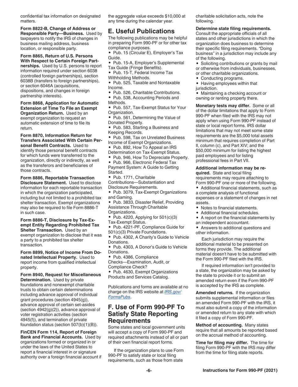 Instructions for IRS Form 990-PF Return of Private Foundation or Section 4947(A)(1) Nonexempt Charitable Trust Treated as a Private Foundation, Page 6
