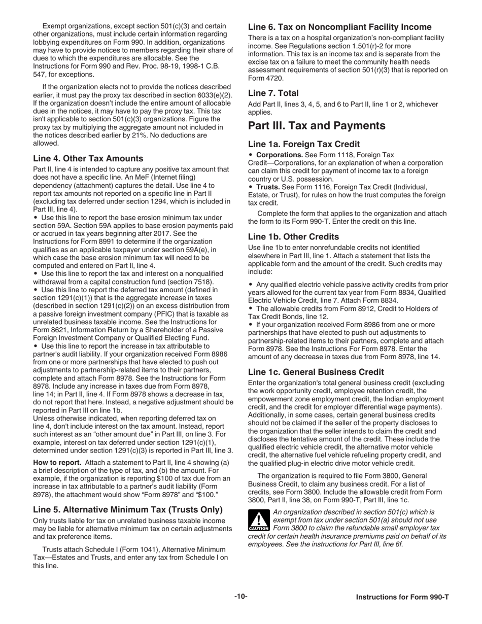 Instructions for IRS Form 990-T Exempt Organization Business Income Tax Return (And Proxy Tax Under Section 6033(E)), Page 10