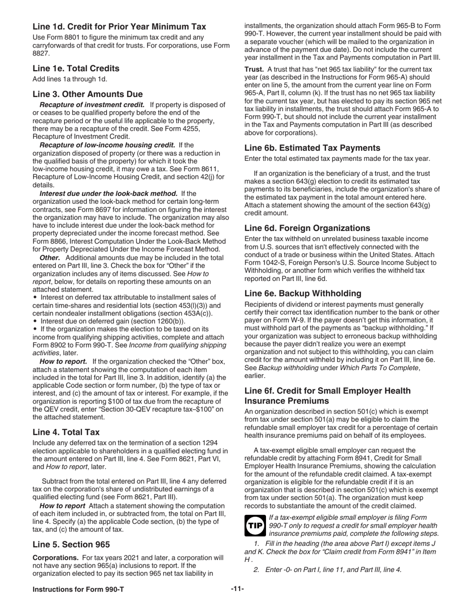 Instructions for IRS Form 990-T Exempt Organization Business Income Tax Return (And Proxy Tax Under Section 6033(E)), Page 11