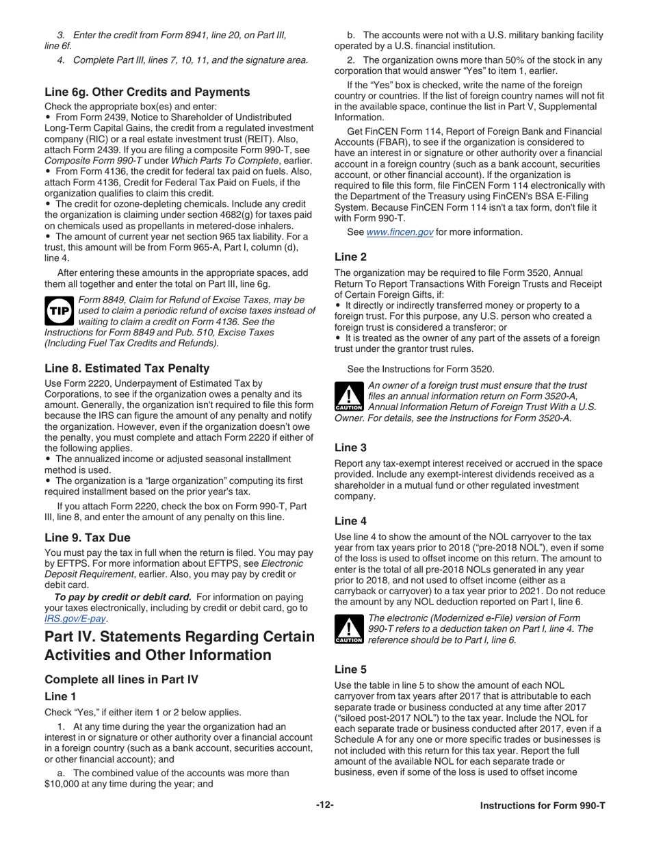 Instructions for IRS Form 990-T Exempt Organization Business Income Tax Return (And Proxy Tax Under Section 6033(E)), Page 12