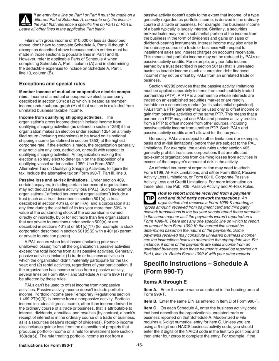 Instructions for IRS Form 990-T Exempt Organization Business Income Tax Return (And Proxy Tax Under Section 6033(E)), Page 15