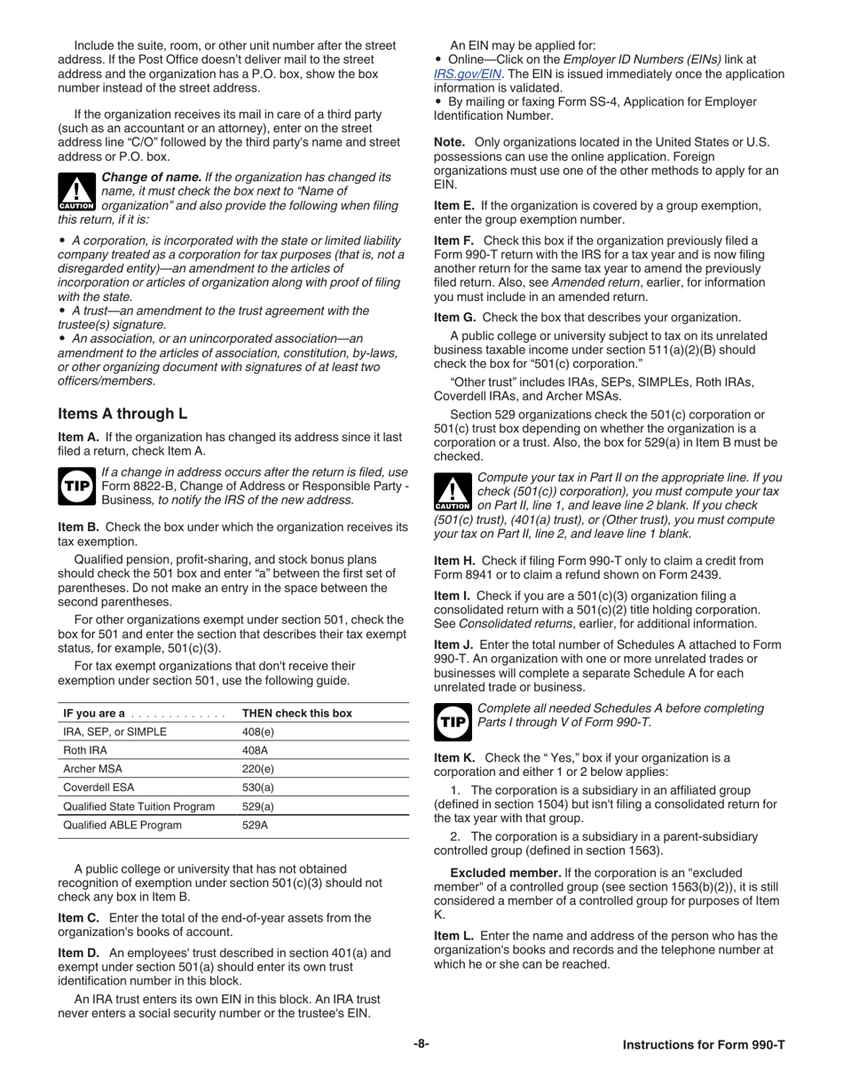 Instructions for IRS Form 990-T Exempt Organization Business Income Tax Return (And Proxy Tax Under Section 6033(E)), Page 8