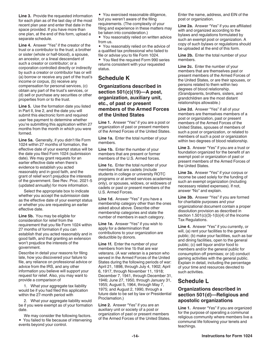Instructions for IRS Form 1024 Application for Recognition of Exemption Under Section 501(A) or Section 521 of the Internal Revenue Code, Page 14