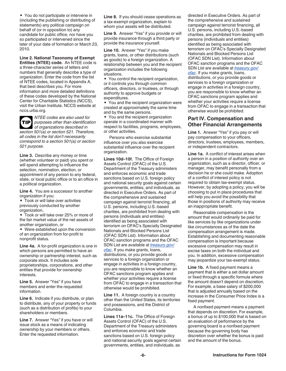 Instructions for IRS Form 1024 Application for Recognition of Exemption Under Section 501(A) or Section 521 of the Internal Revenue Code, Page 6