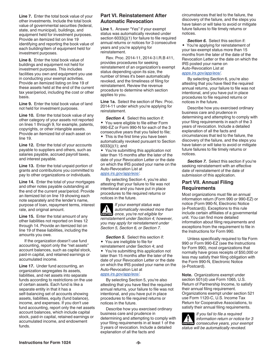 Instructions for IRS Form 1024 Application for Recognition of Exemption Under Section 501(A) or Section 521 of the Internal Revenue Code, Page 9