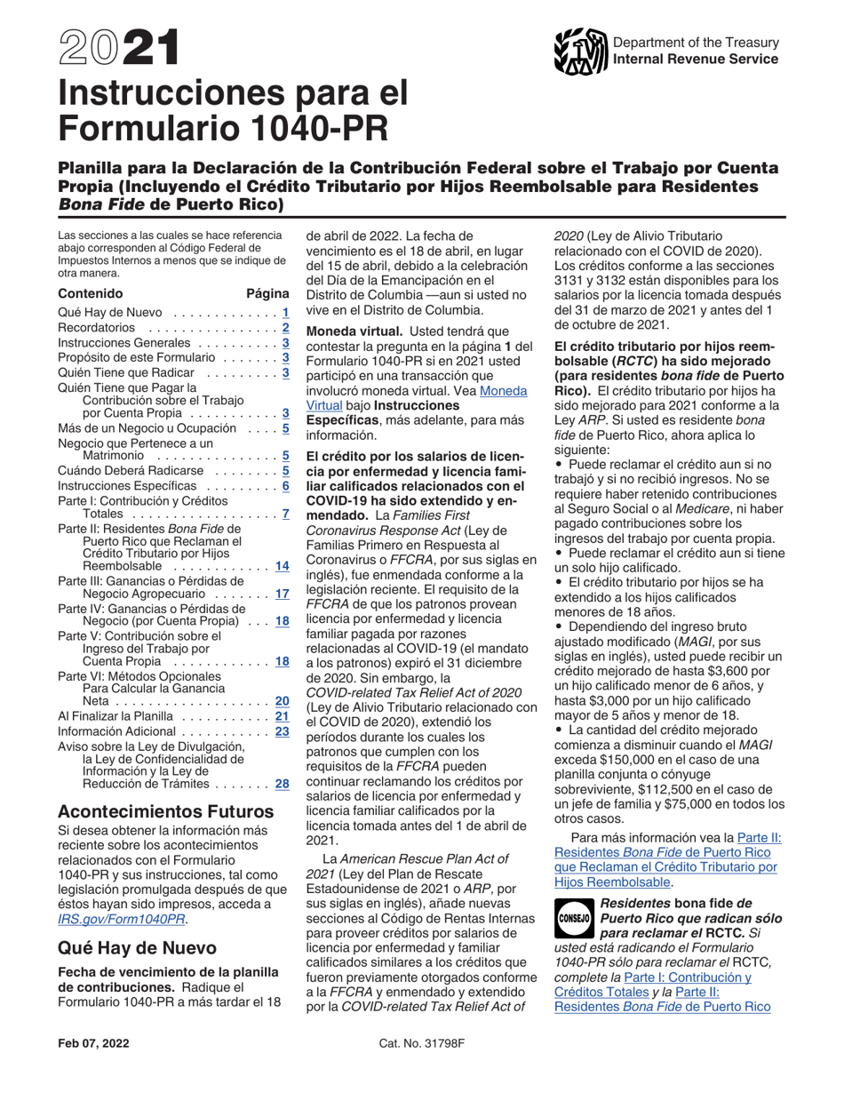 Download Instrucciones para IRS Formulario 1040PR Planilla Para La