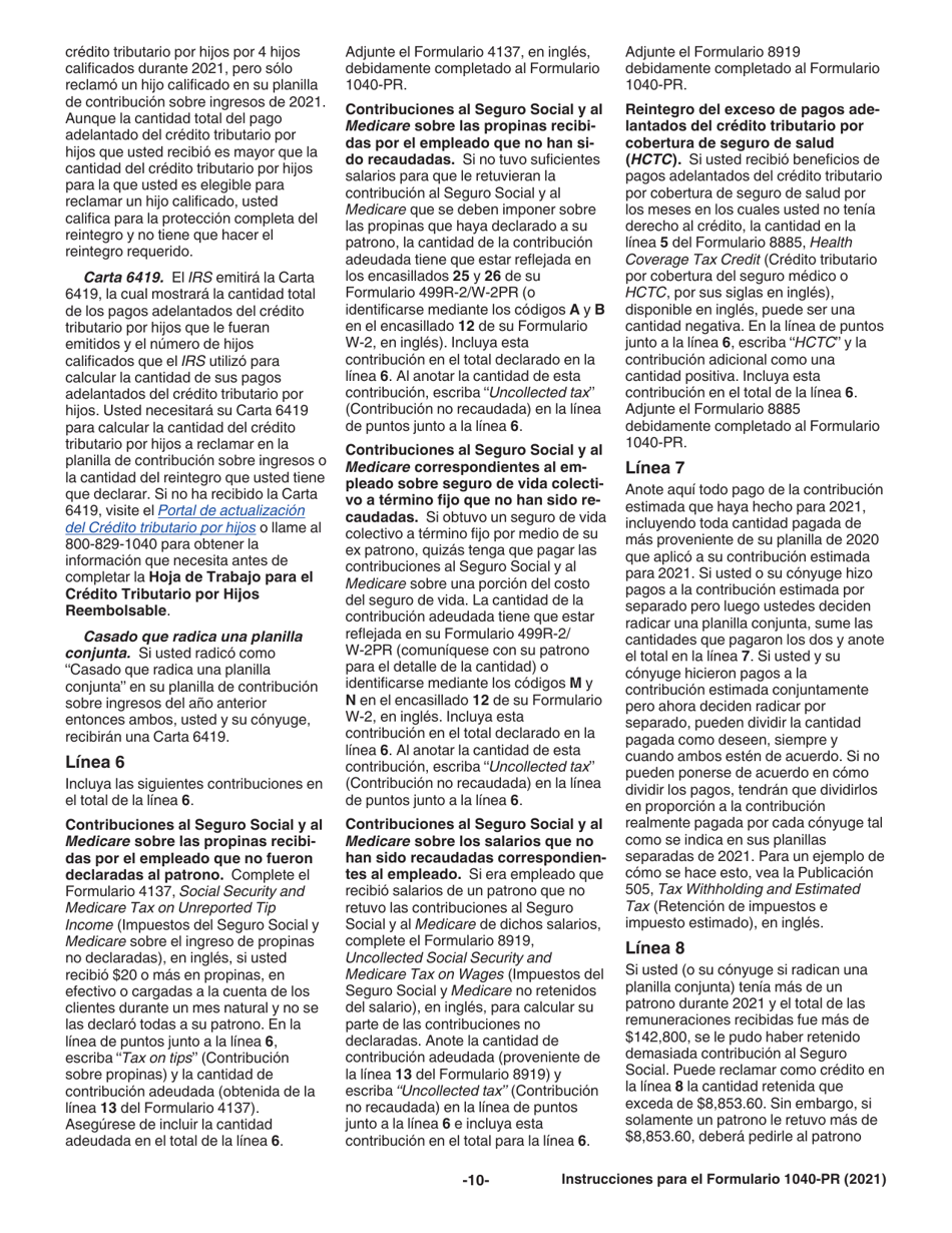Instrucciones para IRS Formulario 1040-PR Planilla Para La Declaracion De La Contribucion Federal Sobre El Trabajo Por Cuenta Propia (Incluyendo El Credito Tributario Por Hijos Reembolsable Para Residentes Bona Fide De Puerto Rico) (Puerto Rican Spanish), Page 10