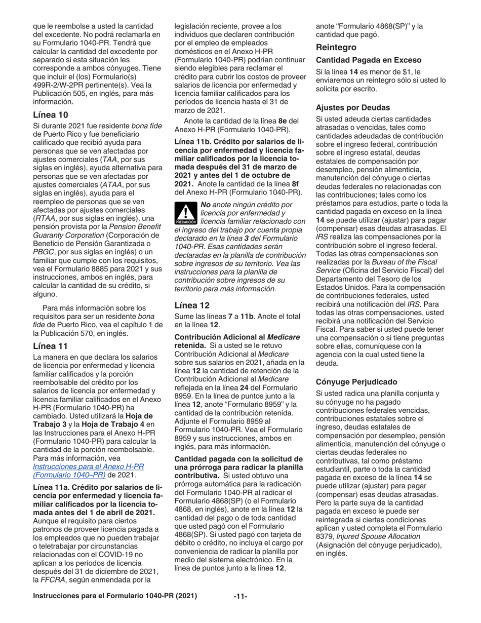 Instrucciones para IRS Formulario 1040-PR Planilla Para La Declaracion De La Contribucion Federal Sobre El Trabajo Por Cuenta Propia (Incluyendo El Credito Tributario Por Hijos Reembolsable Para Residentes Bona Fide De Puerto Rico) (Puerto Rican Spanish), Page 11
