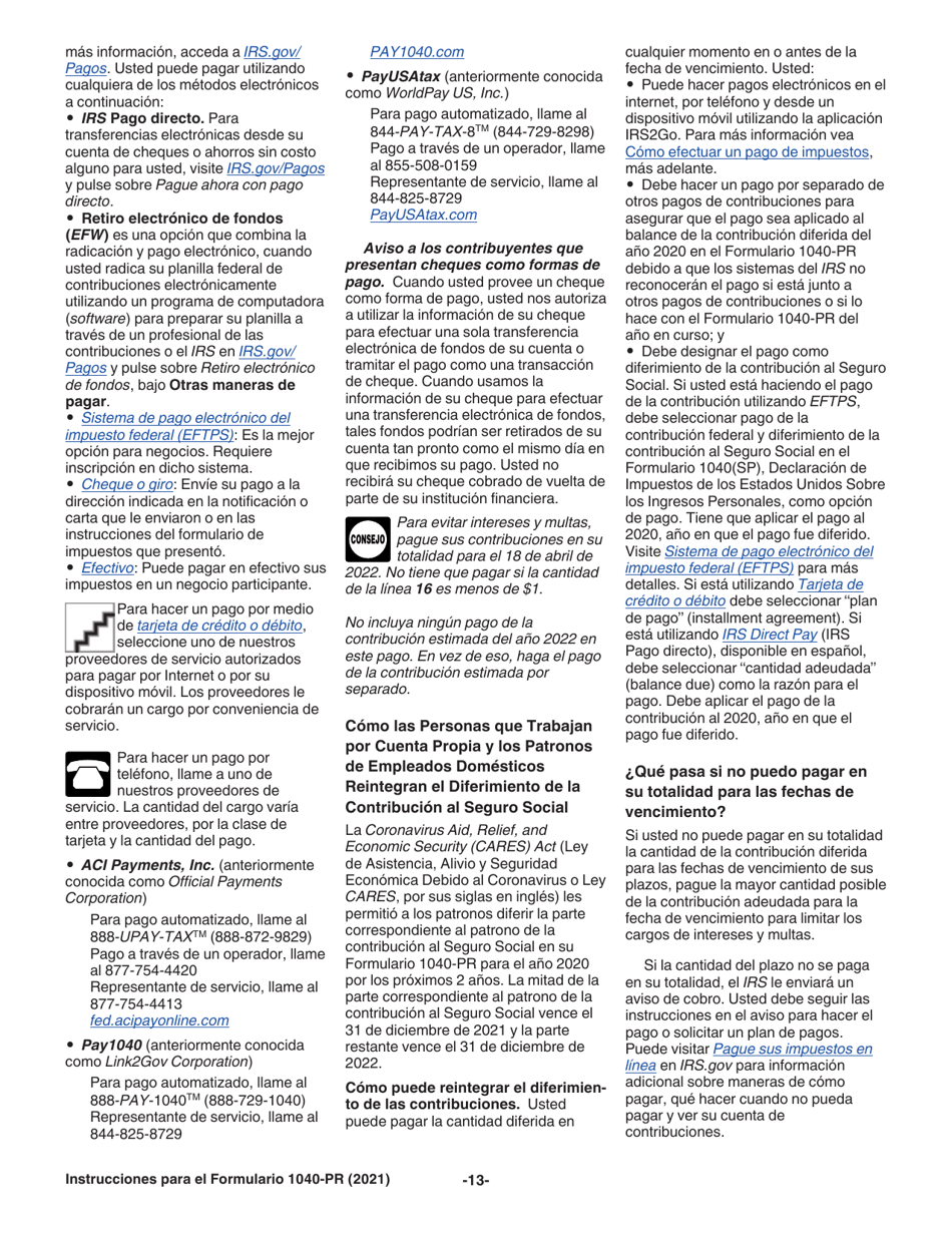 Instrucciones para IRS Formulario 1040-PR Planilla Para La Declaracion De La Contribucion Federal Sobre El Trabajo Por Cuenta Propia (Incluyendo El Credito Tributario Por Hijos Reembolsable Para Residentes Bona Fide De Puerto Rico) (Puerto Rican Spanish), Page 13