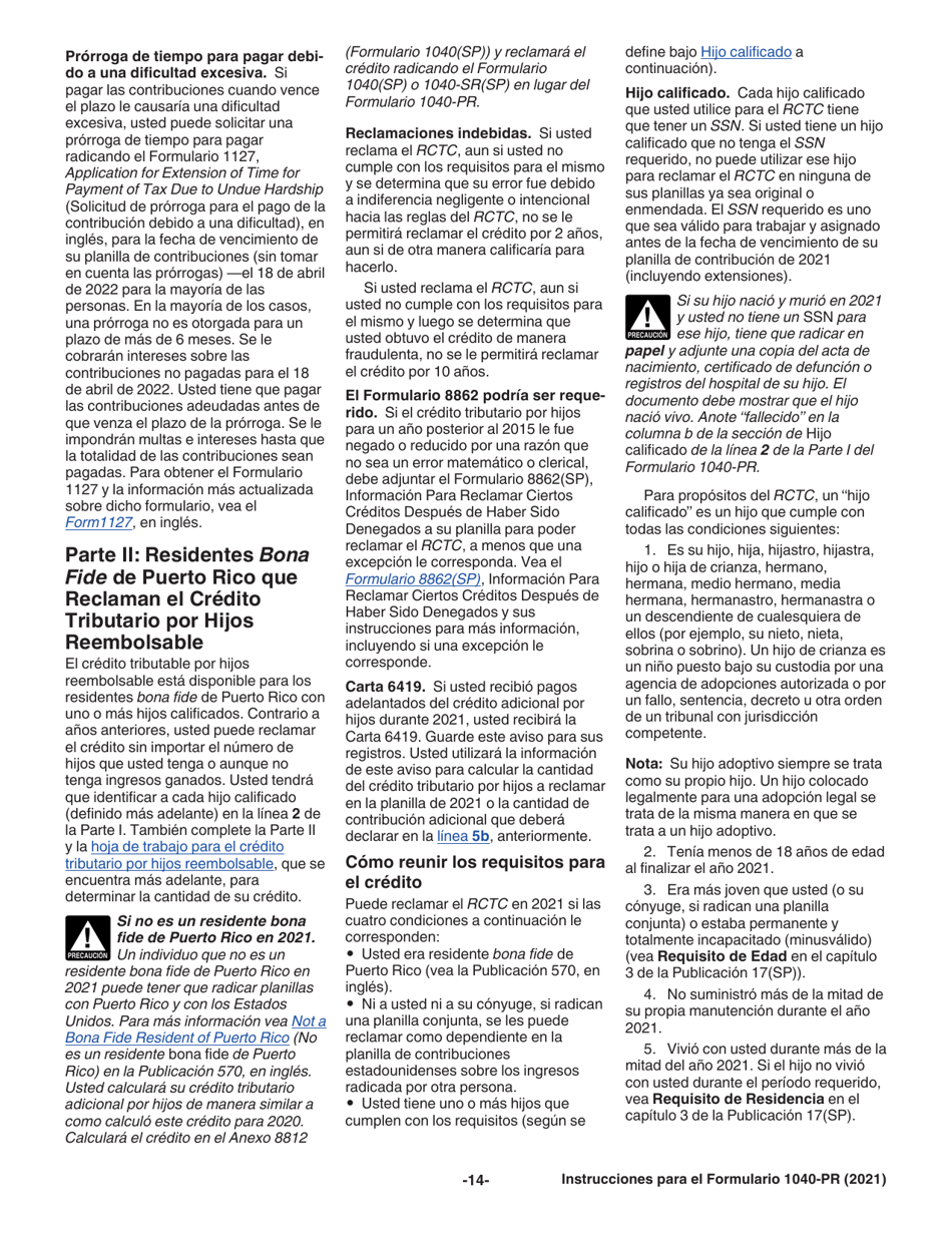 Instrucciones para IRS Formulario 1040-PR Planilla Para La Declaracion De La Contribucion Federal Sobre El Trabajo Por Cuenta Propia (Incluyendo El Credito Tributario Por Hijos Reembolsable Para Residentes Bona Fide De Puerto Rico) (Puerto Rican Spanish), Page 14
