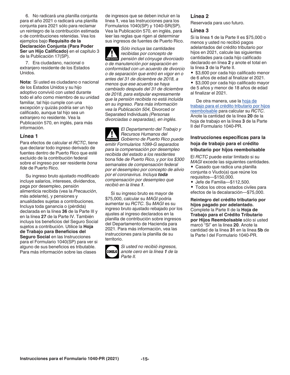 Instrucciones para IRS Formulario 1040-PR Planilla Para La Declaracion De La Contribucion Federal Sobre El Trabajo Por Cuenta Propia (Incluyendo El Credito Tributario Por Hijos Reembolsable Para Residentes Bona Fide De Puerto Rico) (Puerto Rican Spanish), Page 15